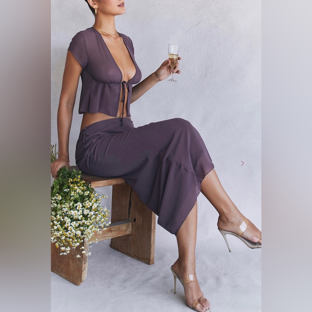 2 pieces MAIA Dark Mauve Tie Front Top + DYANA Dark Mauve Bias Cut Maxi Skirt
